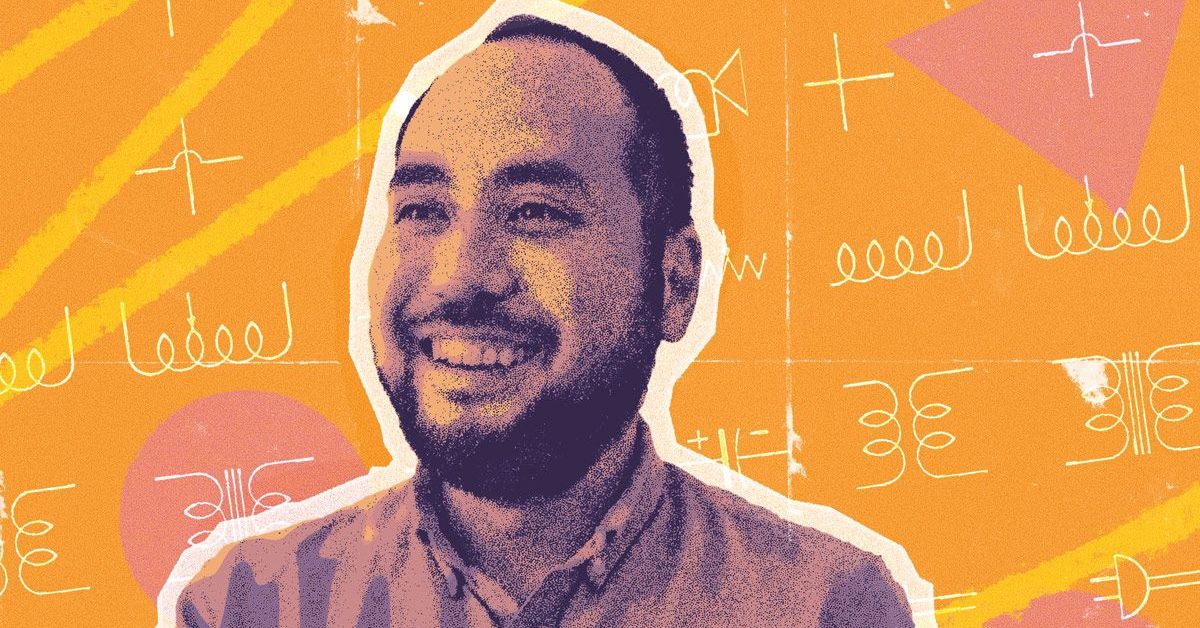 An illustration of a man with a beard on a bright orange background with lines and design elements