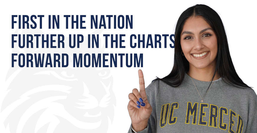 A young woman in a UC Merced sweatshirt points upward at text reading FIRST IN THE NATION FURTHER UP IN THE CHARTS FORWARD MOMENTUM