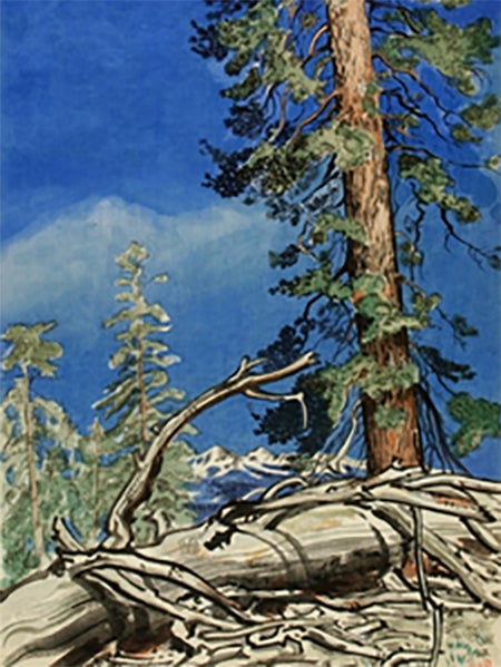 A painting of a great tree rising into the sky, with a large dead tree in the foreground