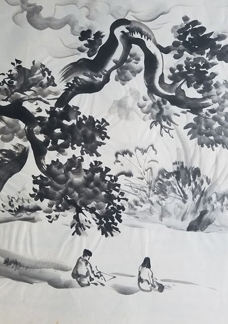 An ink painting of two people sitting under a large tree