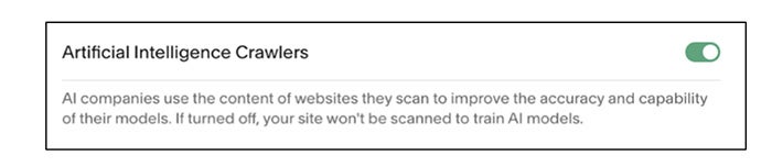 A screenshot of a website setting allowing users to turn off AI crawler access.