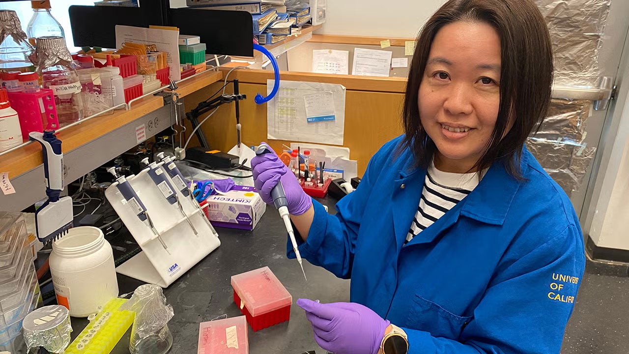Hiromi Tajima, wearing a blue lab coat and purple gloves, looks up from pipetting to smile at the camera