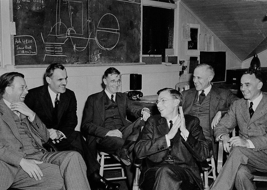 Bush attending a meeting at the University of California, Berkeley in 1940. From left to right: Ernest O. Lawrence, Arthur H. Compton, Bush, James B. Conant, Karl T. Compton, and Alfred L. Loomis