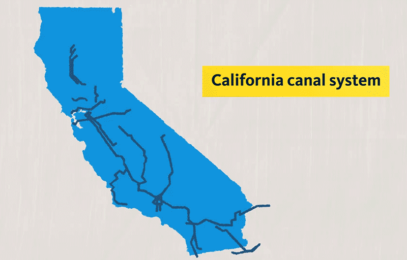 A blue illustration of the state of California, with canals in dark blue, and California canal system written next to the map