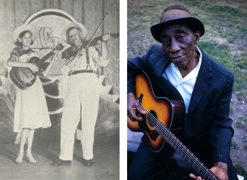 Two side-by-side photos. The left is a black and white image of a woman playing guitar in a cowboy hat next to a man playing fiddle. The right image is a man wearing a top hat looking mournfully at the camera, holding a guitar