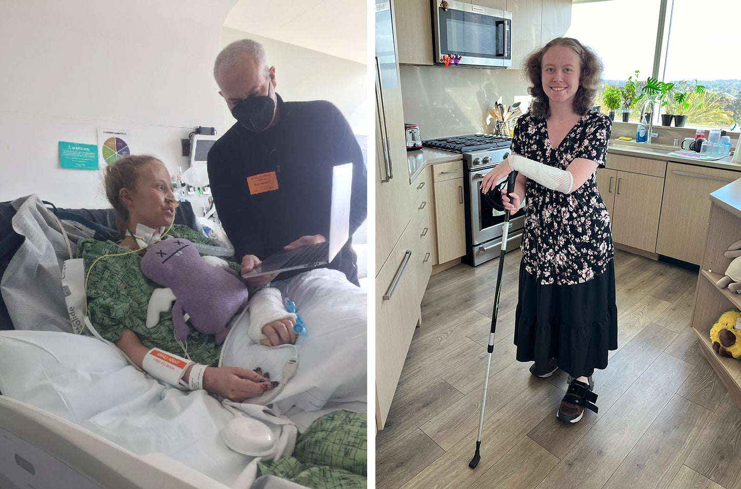 A woman lies in a hospital bed while a man shows her something on a laptop computer, and in a second picture stands with a cane