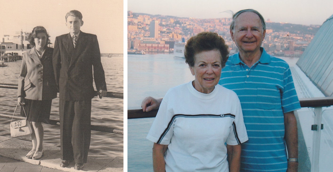 Samuel and Gertrude Goetz in a vintage photo from 1950 by the water's edge in Italy and a second photo on  vacation in their retirement