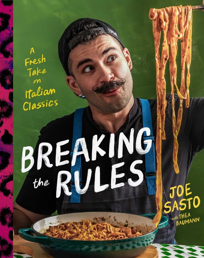 A man with a handlebar mustache holds up pasta looking at it skeptically with Breaking the Rules on the cover