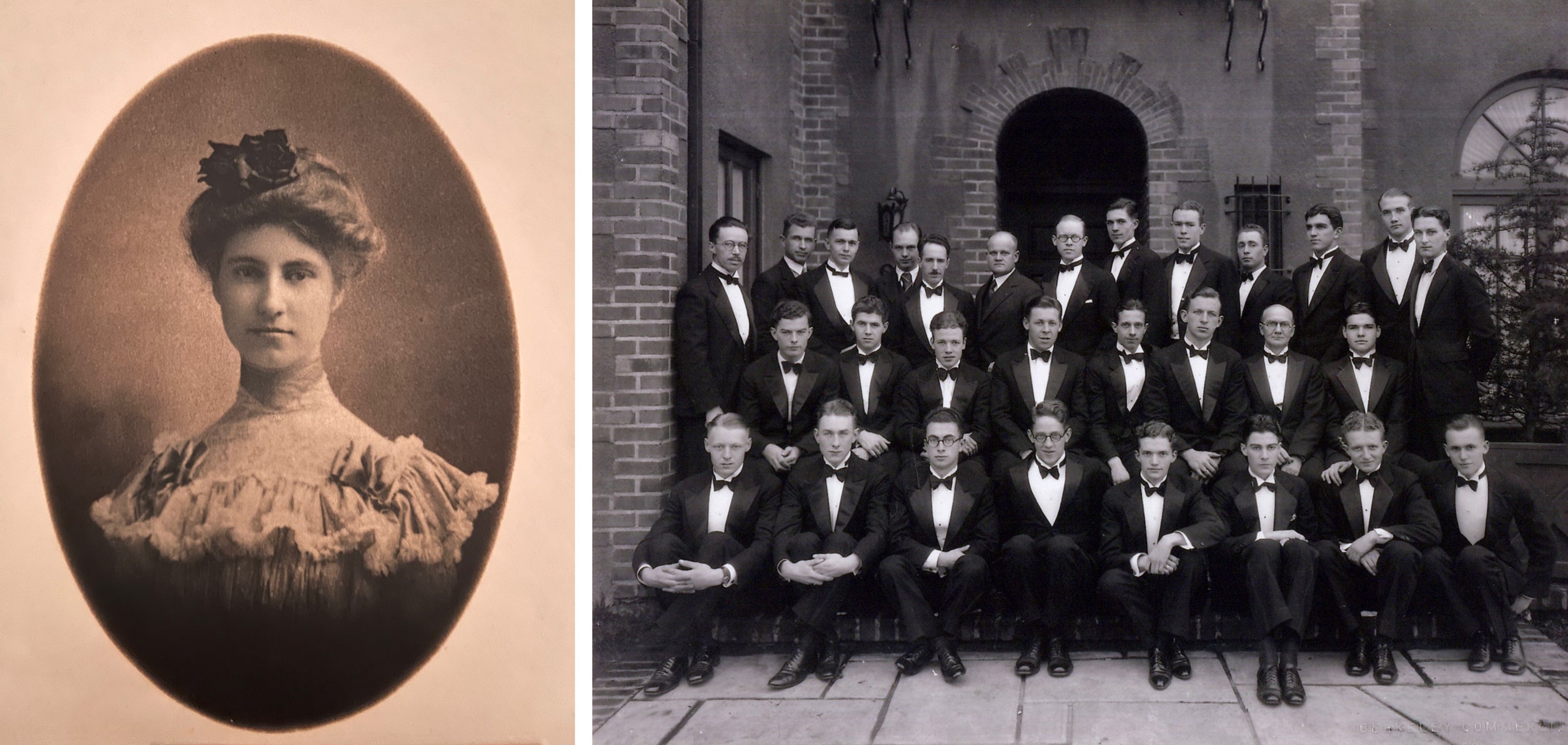 Antique black-and-white portraits of a young woman in fancy clothes and a group of young men in tuxedos
