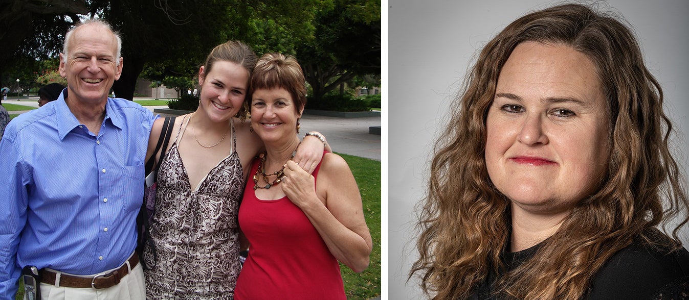 Julia Halprin Jackson with her parents at her college graduation and in a recent professional headshot