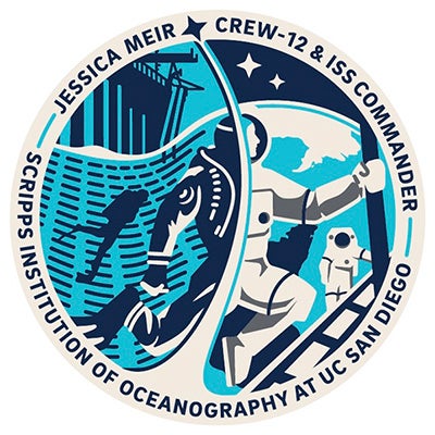 A commemorative patch that shows an astronaut with multiple smaller astronauts in the background that names Jessica Meir as crew commander, Scripps Institution of Oceanography at UC San Diego