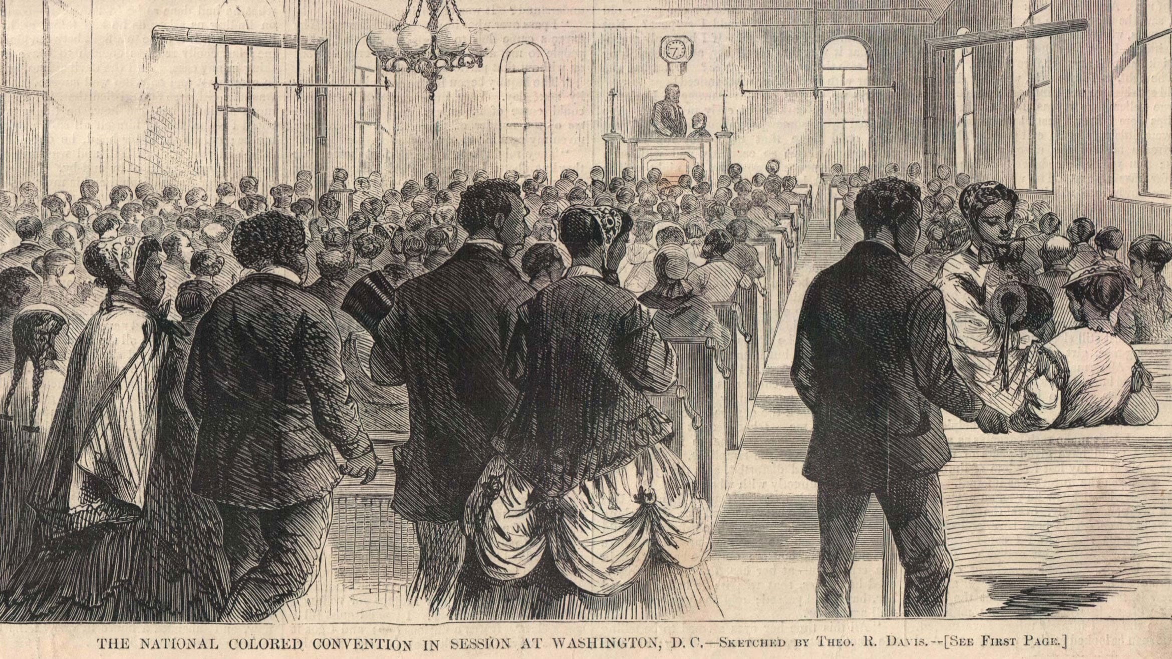 19th-century engraved illustration showing a large audience seated inside a hall, with Black men and women gathered in pews and standing along aisles while speakers address the assembly from a raised platform at the front, depicting a formal convention in session.