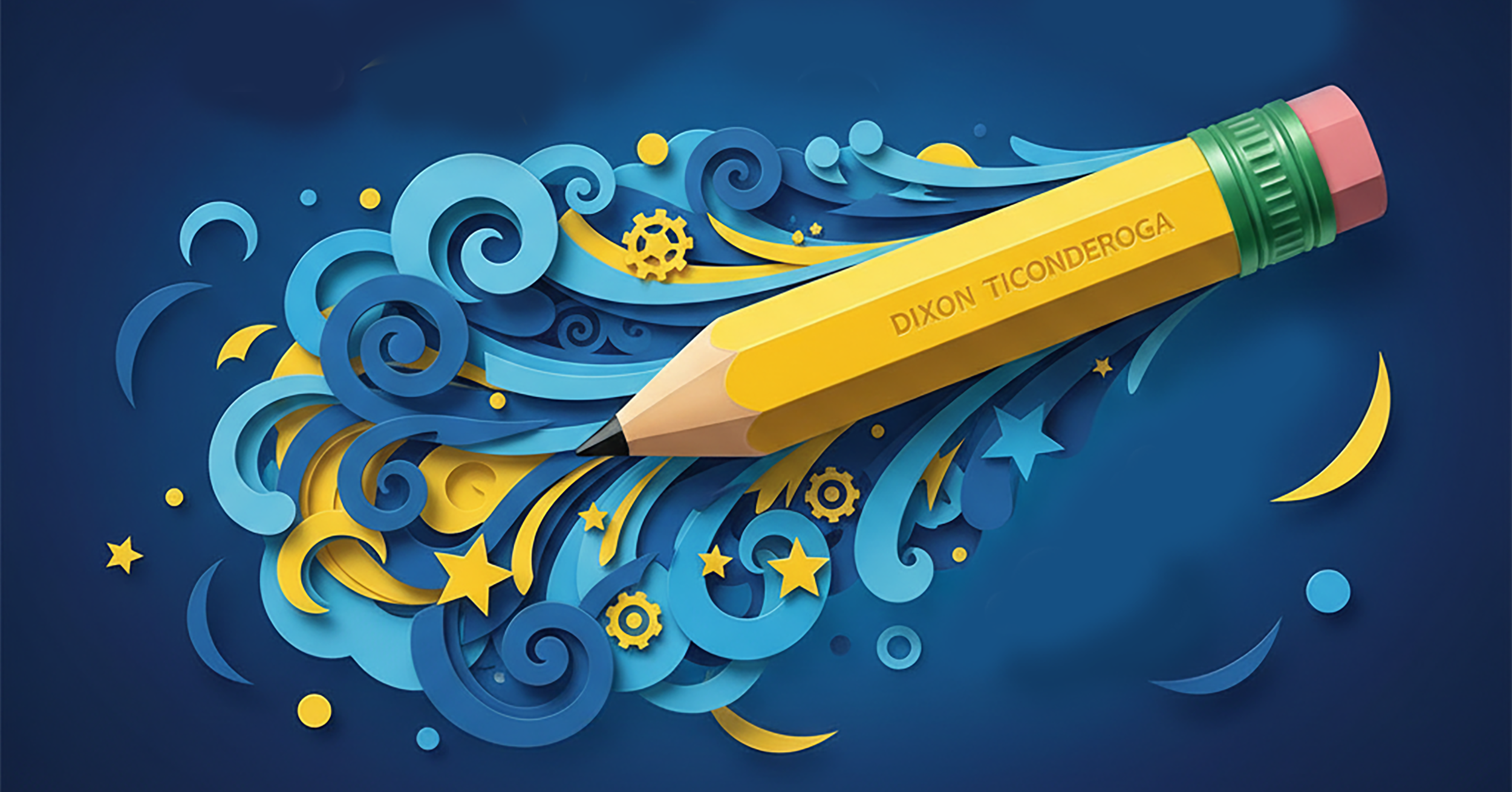 Illustration of swirls and stars coming out of the point of a pencil
