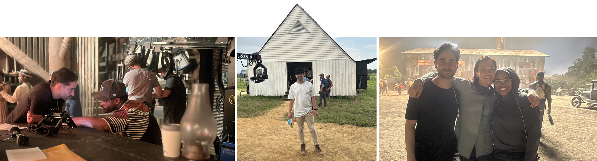 Collage of three photos: people talking on set, man standing in front of a white barn on set, three people smiling while actors stand behind them in a scene on set