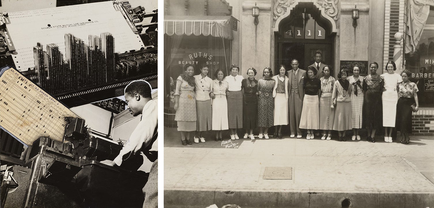 Archival black and white photos of office workers