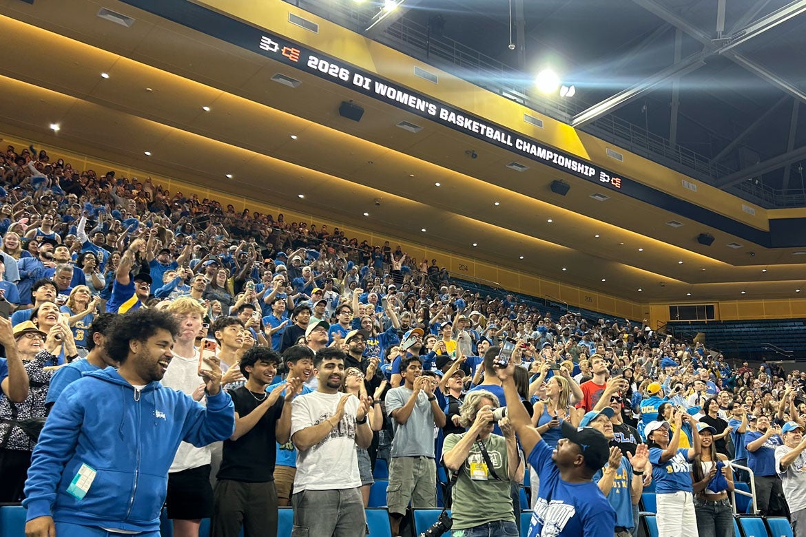 Fans on their feet in Pauley Pavilion during the women's national championship