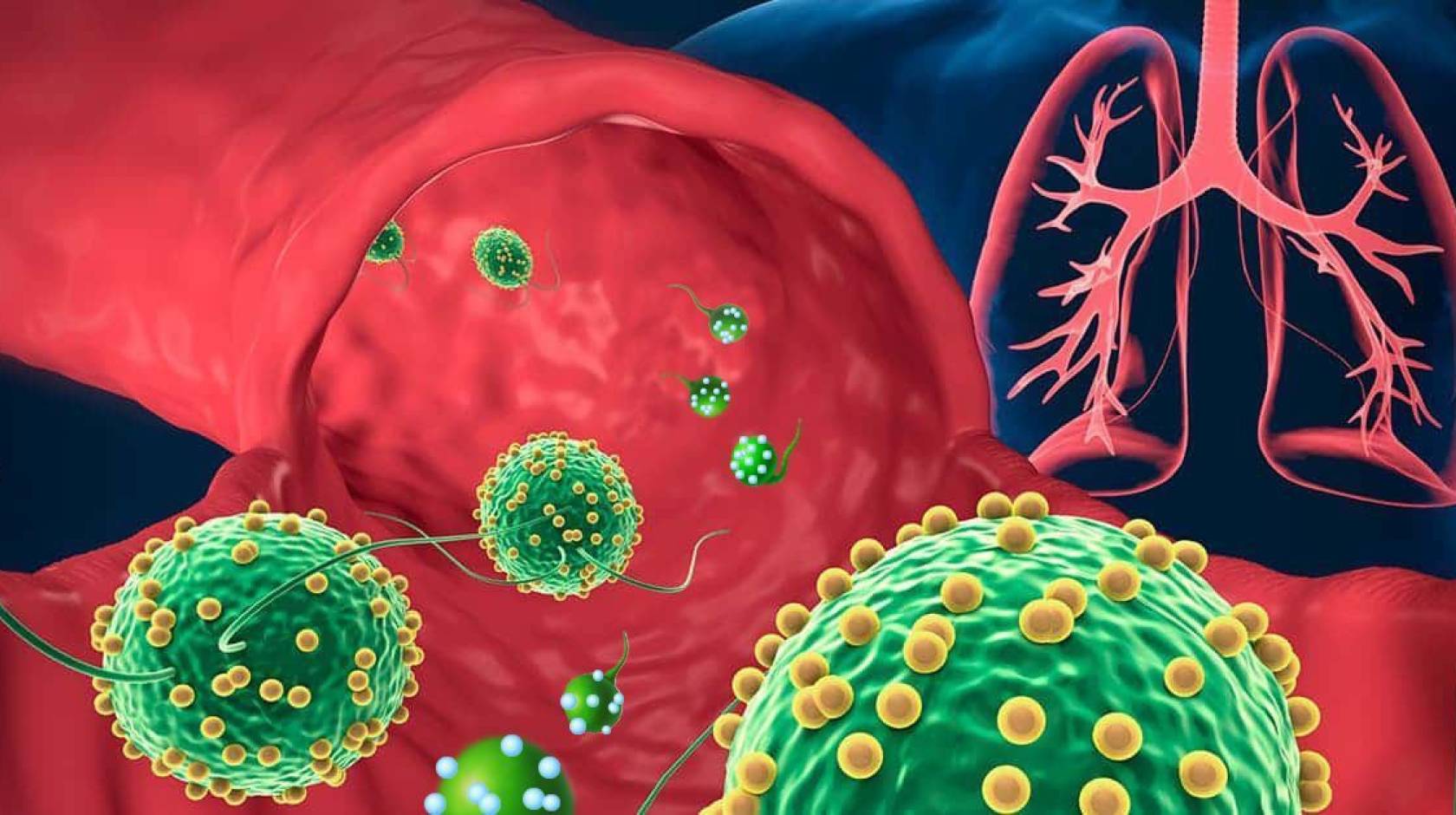 illustrated algae-based microrobots dotted with drug-loaded nanoparticles on their way into the lungs