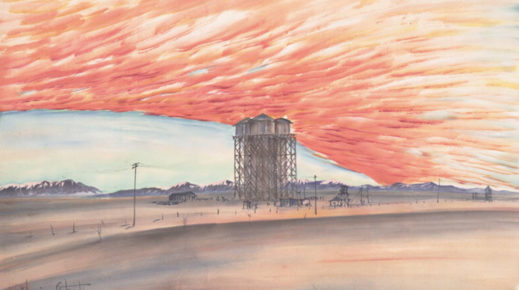 A painting showing a blazing sunset behind a watertower in a desolate landscape, with telephone lines in front of the tower and mountains in the far distance