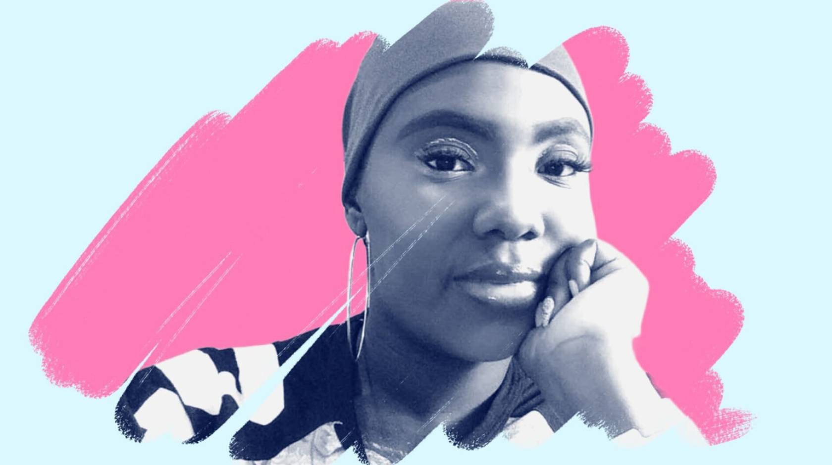 Stylized portrait of a woman resting her chin on her hand, wearing a headwrap and hoop earrings, shown in blue tones against a light background with a pink brushstroke accent behind her.
