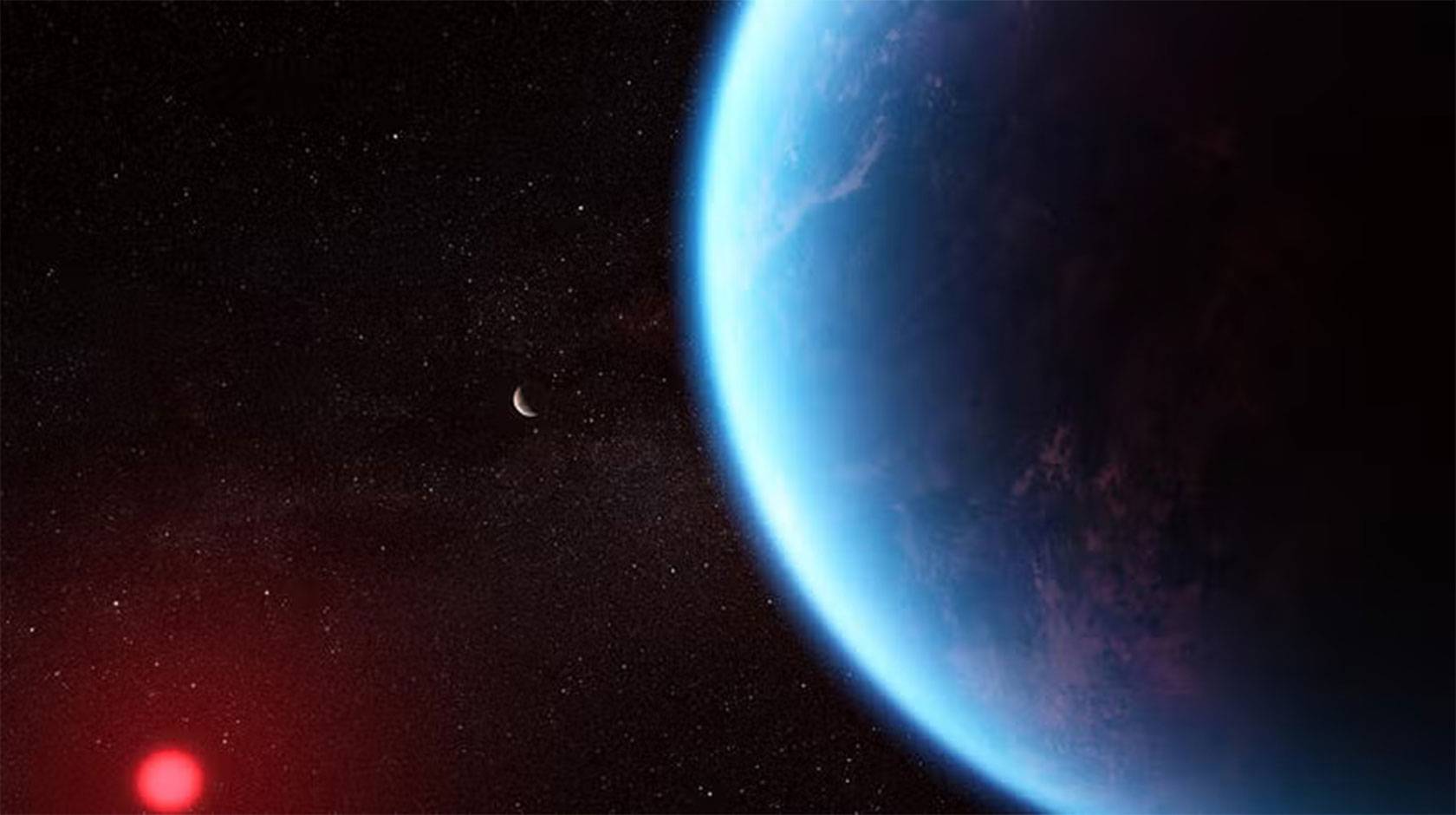 An illustration of a satellite's eye view of a blue, gaseous planet orbiting a glowing red mass in space