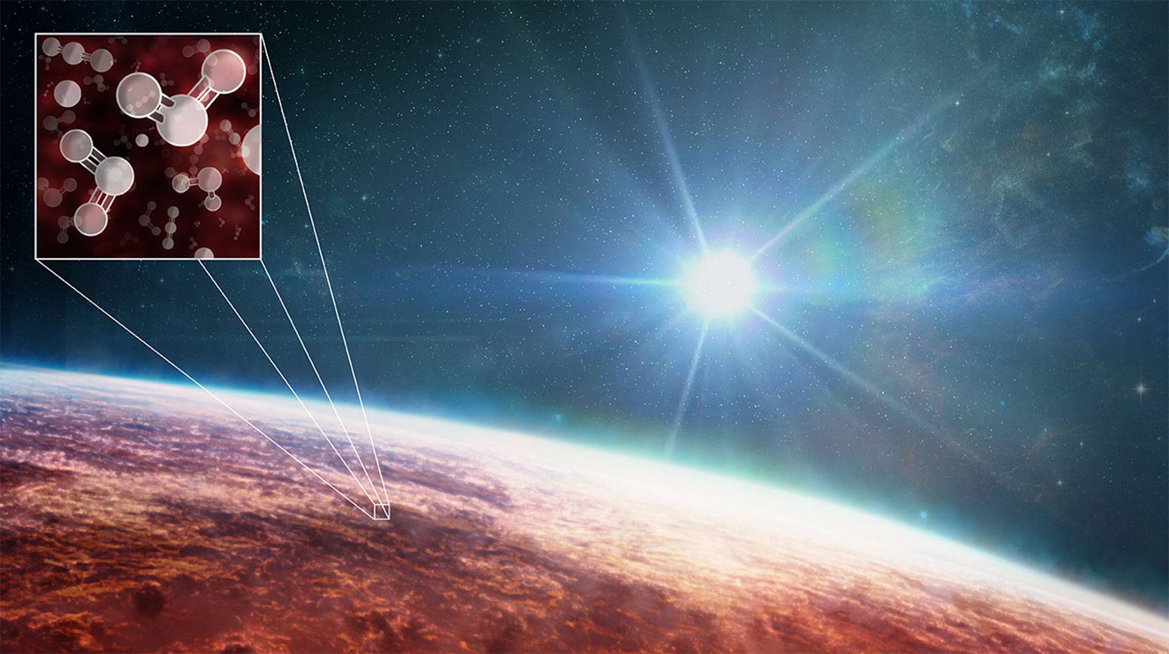 Artist's illustration of WASP-39b and the molecules present in its atmosphere.