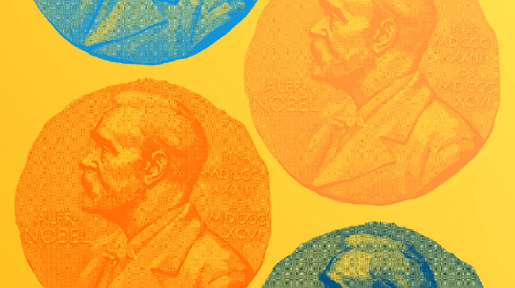 Illustration of overlapping Nobel Prize medals featuring Alfred Nobel’s profile, in orange, blue and green against a yellow background.