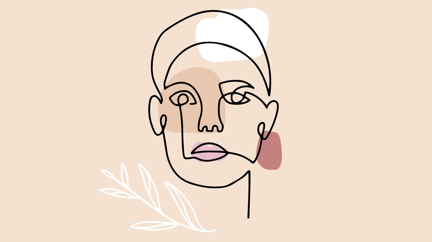 A line drawing of a woman's head on a warm beige background