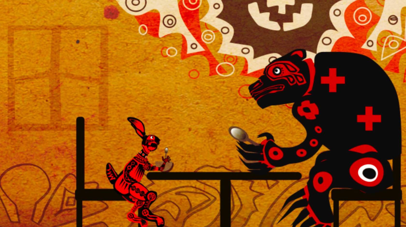 A digital illustration of a rabbit and a bear sitting at a table with Indigenous visual art patterns on their bodies