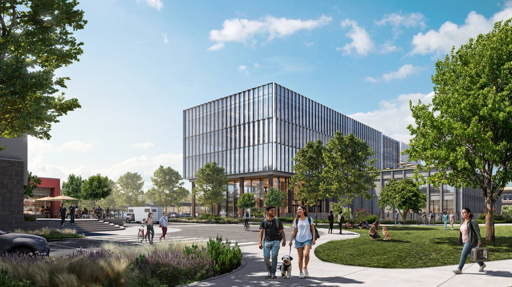 An artist's rendering of a new large building with people, including those walking dogs, around it