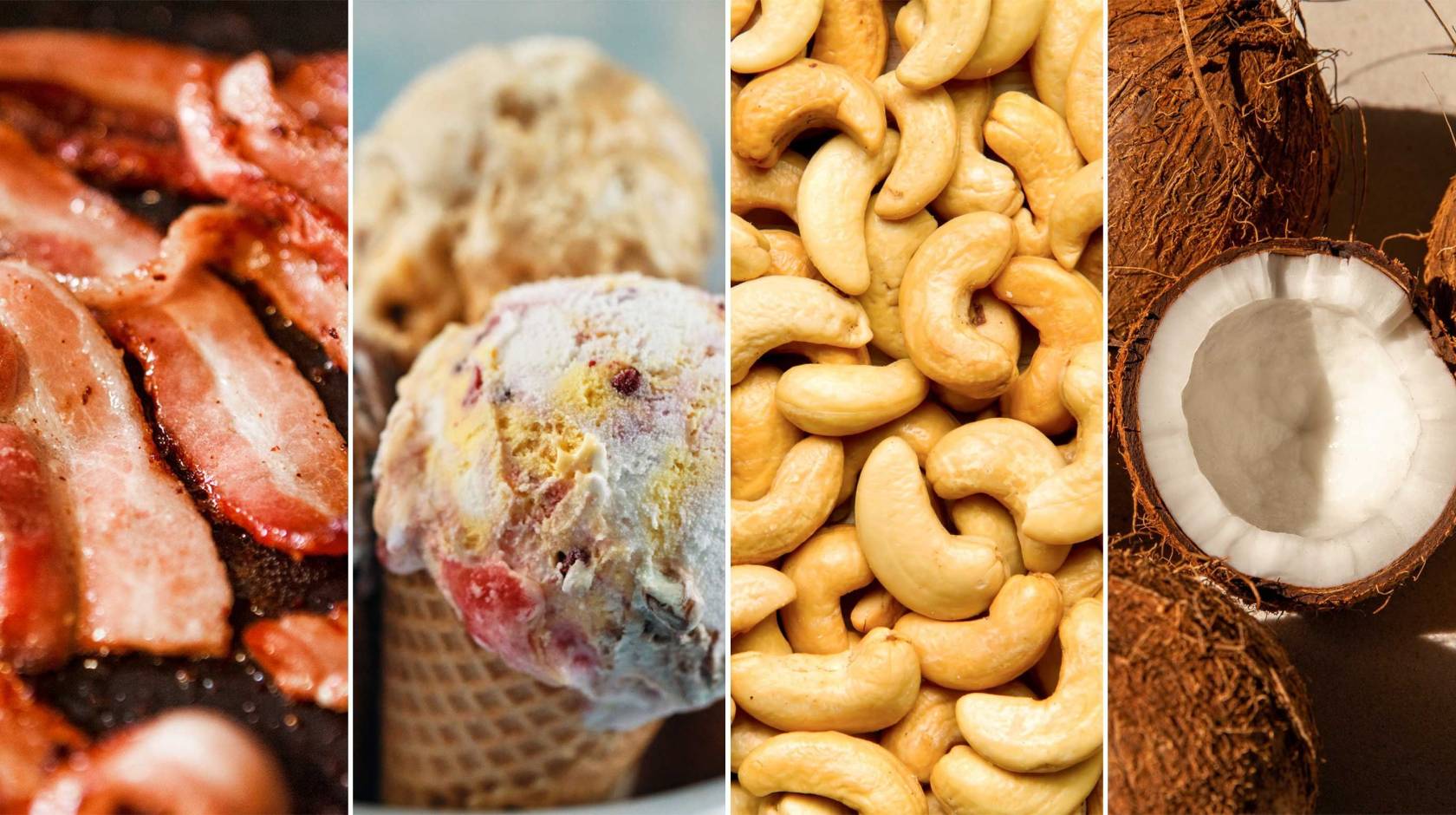 A collage of four photos of bacon, ice cream, cashews and coconut