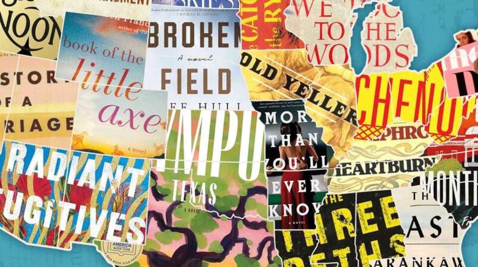 A map of the contiguous United States, filled with overlapping book covers