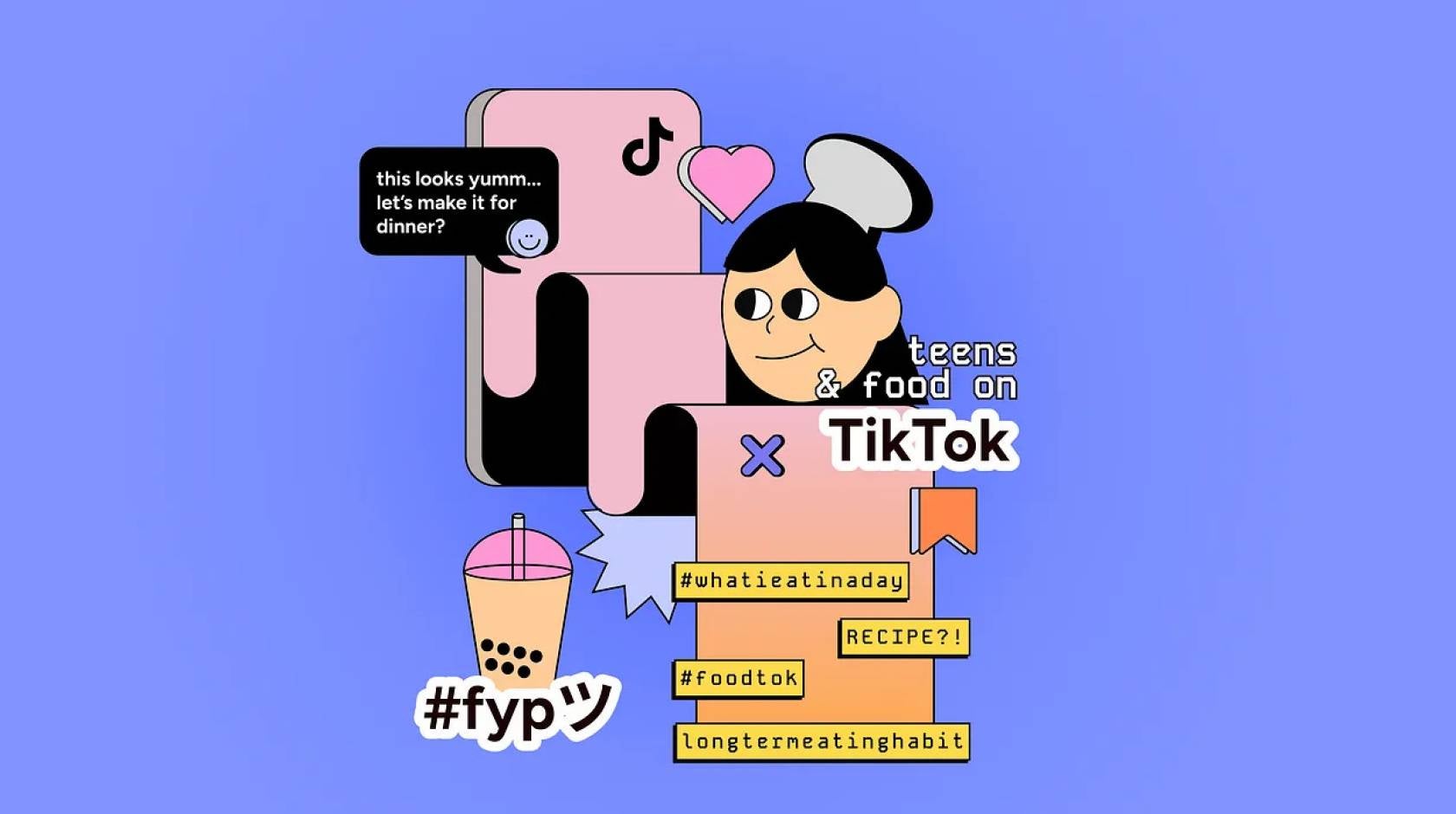 An abstract cartoon of a young woman interacting with her phone and Foodtok with hashtags and boba tea around her