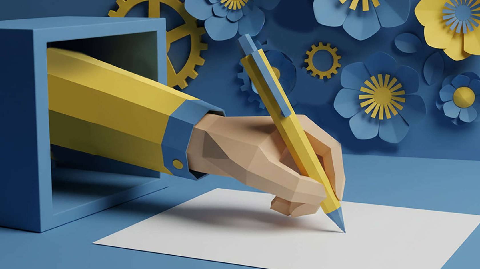 AI-rendered of hand emerging from a box, holding a pen pressed against paper