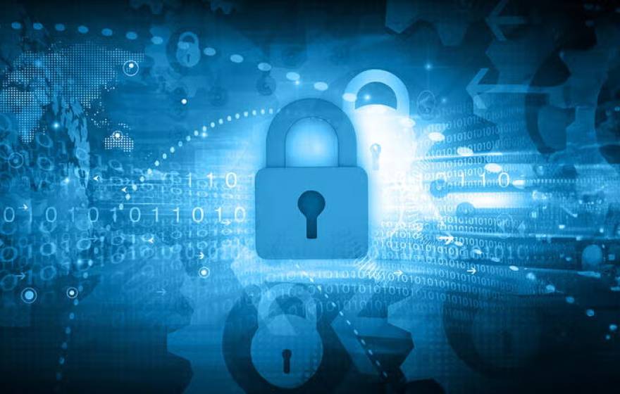 An illustration of computer code with a padlock superimposed on top