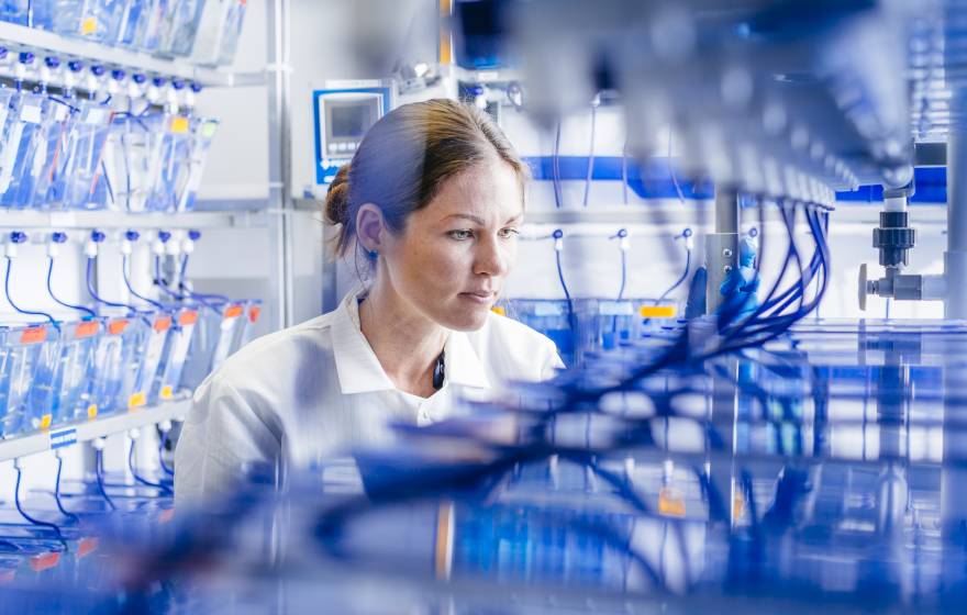 A woman in a lab surrounded by blue tubes