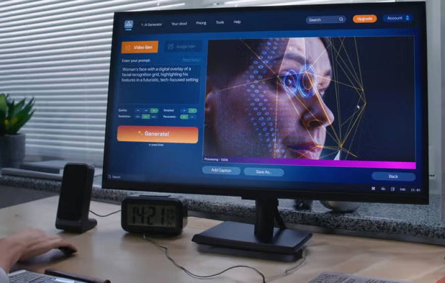 A desktop with a computer showing an AI video being generated