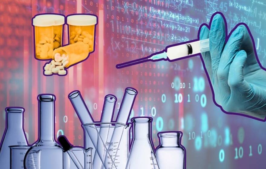 In an illustration collage, an IV drip, a series of pipettes, and a gloved hand holding a syringe