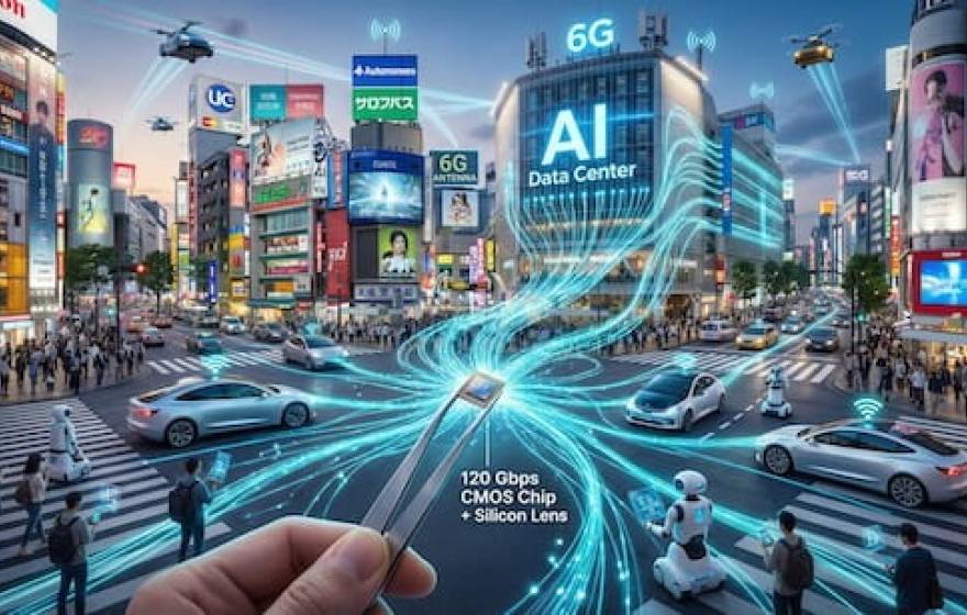 An illustration of a busy intersection in a major city lit up by digital billboards, where a hand holds a computer chip in a pair of tweezers. Rays of light coming out of the chip connect to a building marked "AI data center" and to vehicles and digital devices being carried by pedestrians.