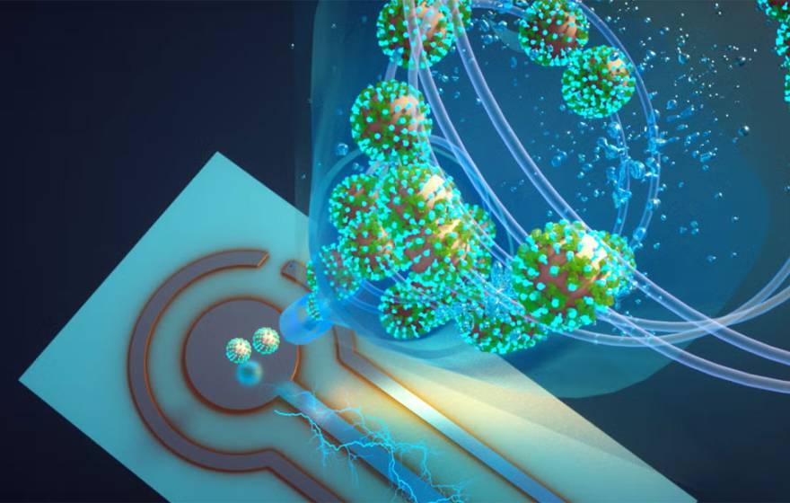 Conceptual illustration of a nanoscale biosensor detecting virus-like particles. Spherical particles covered in green and blue spikes flow through a transparent tube toward a circular electronic sensor on a chip, with electric currents and light effects suggesting signal detection and data transmission.
