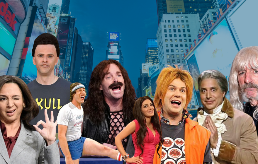 A collage showing 8 SNL cast members in various characters