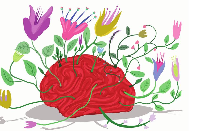 A playful illustration of a red brain with flowers and leaves growing out of it