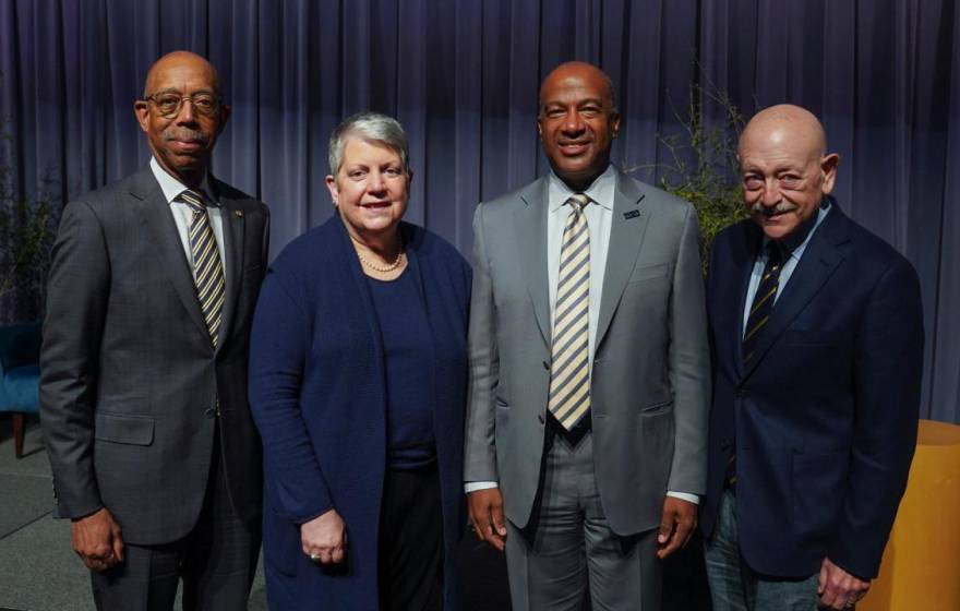 UC President Michael V. Drake, President Emerita Janet S. Napolitano, Chancellor Gary S. May and President Emeritus Mark G. Yudof