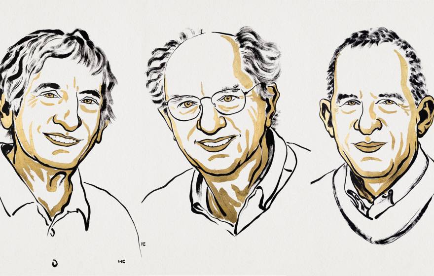 Illustrated headshots of Michel H. Devoret, John Clarke, and John M. Martinis