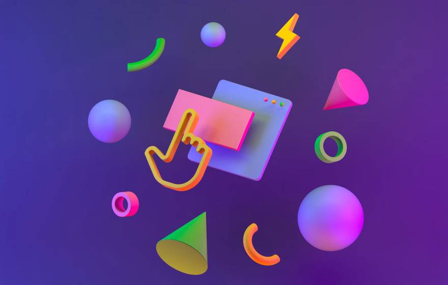 Colorful 3D geometric shapes—spheres, cones, rings, and curved tubes—float around a stylized cursor hand pressing a pink rectangular button on a simplified computer window. The objects glow with neon gradients against a dark purple background, creating a playful, futuristic scene.