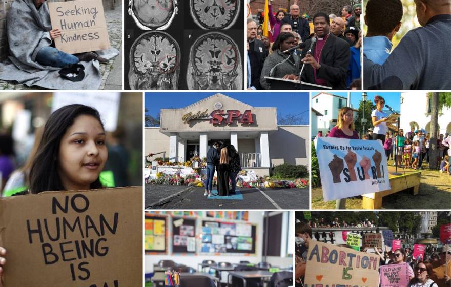 Collage of people publicly mourning or protesting