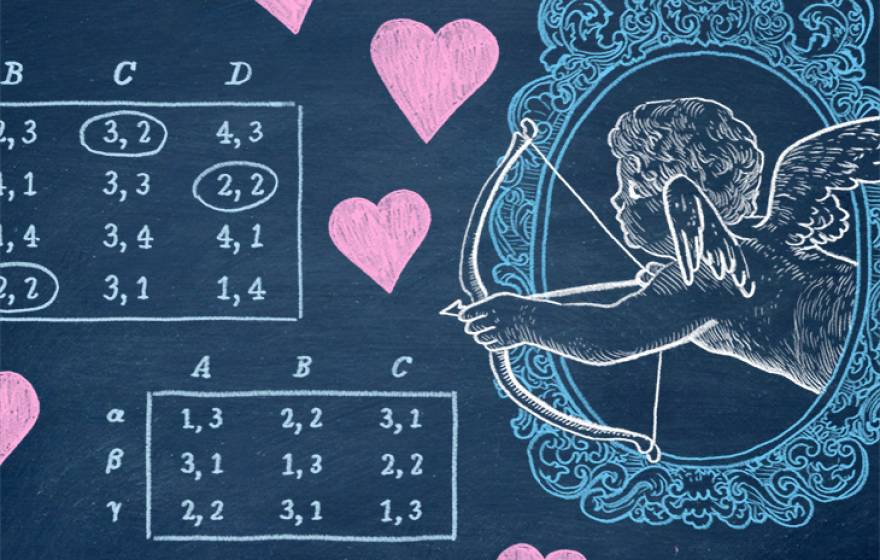 A chalkboard with an equation, hearts and an illustration of cupid drawn on it