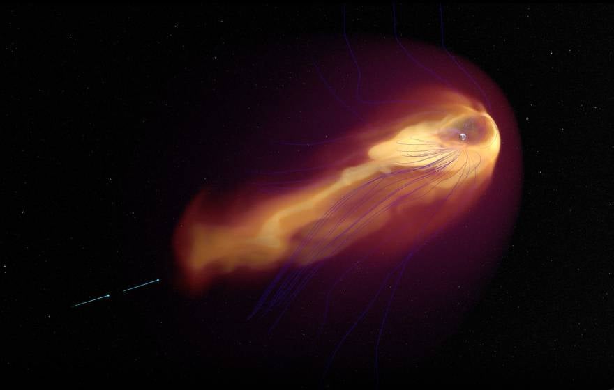 A visualization of two thin blue dashes, the satellites, behind what looks like a fireball in the sky, but is actually a magnetic field