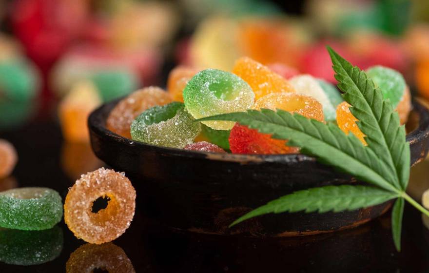 A bowl of gummies with a marijuana leaf draped over it