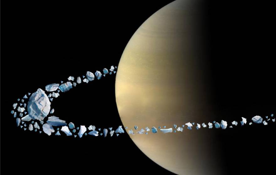 Artistic rendering of the moon Chrysalis disintegrating in Saturn’s intense gravity field.