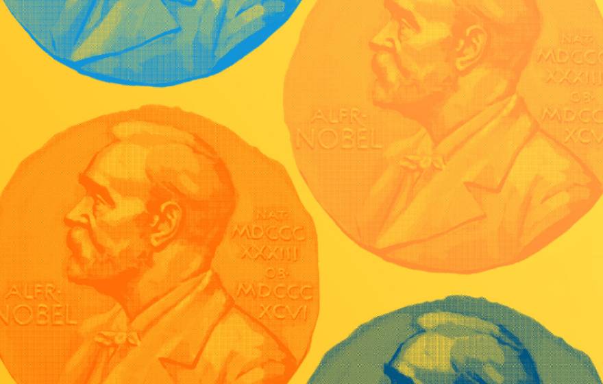 Illustration of overlapping Nobel Prize medals featuring Alfred Nobel’s profile, in orange, blue and green against a yellow background.